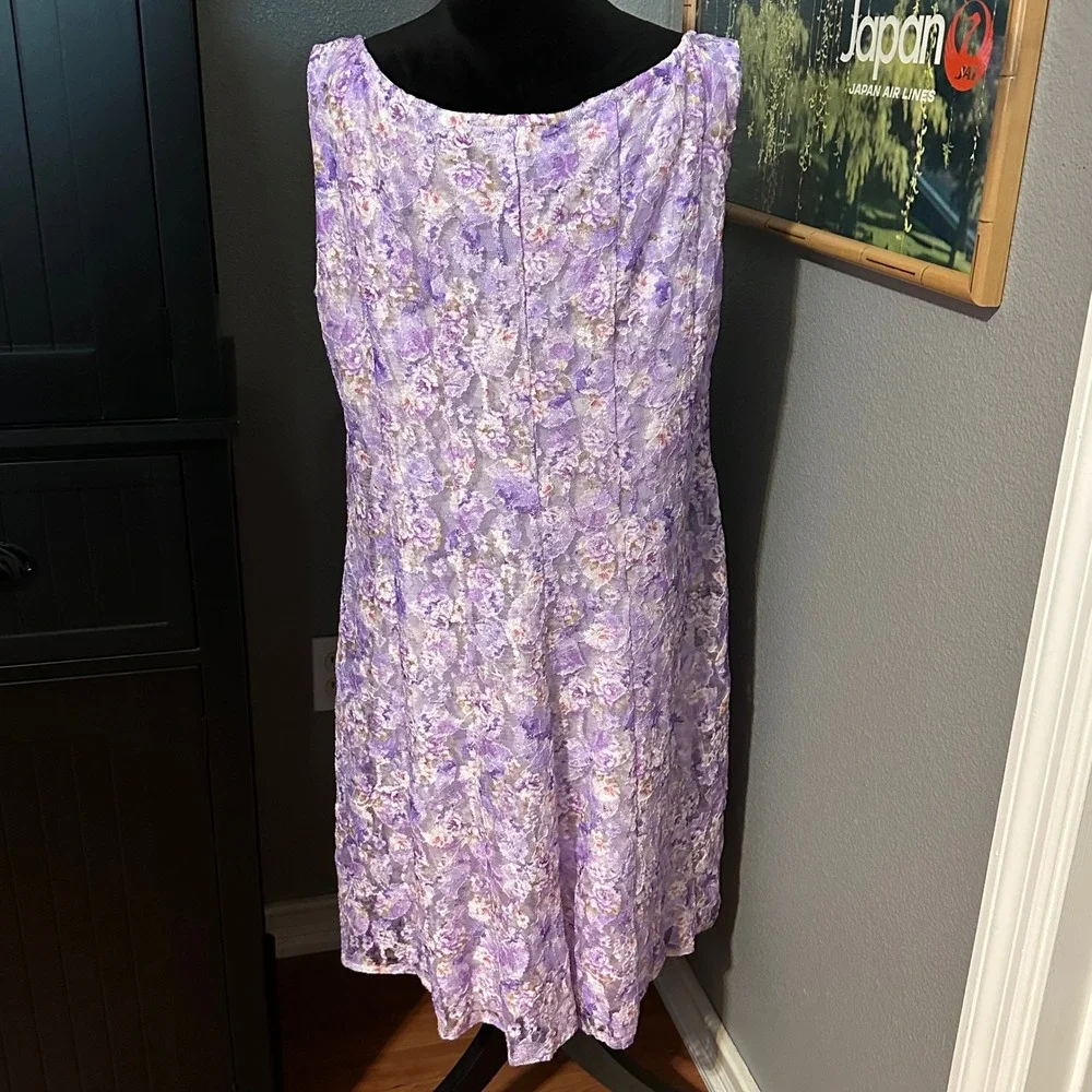 Perceptions XL Purple Floral Lace‎ Dress Sleeveless Fit Flare Lined Cottagecore